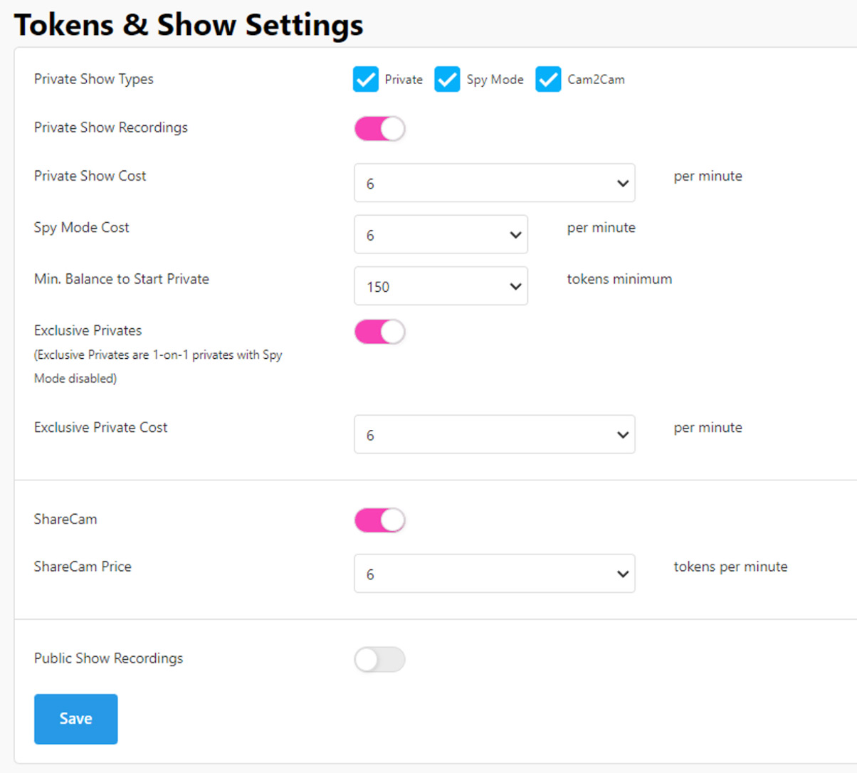 tokens and show settings